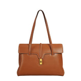 Structured Cowhide Leather Flap Tote | Gold Turn-Lock Top Handle Bag | Women's Work Handbag in Two Sizes