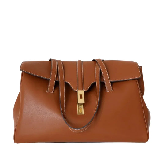 Structured Cowhide Leather Flap Tote | Gold Turn-Lock Top Handle Bag | Women's Work Handbag in Two Sizes