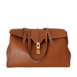 Structured Cowhide Leather Flap Tote | Gold Turn-Lock Top Handle Bag | Women's Work Handbag in Two Sizes