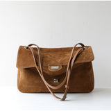 Suede Cowhide Shoulder Bag | Large Vintage Commuter Tote | Genuine Leather Women's Bag