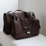 Suede Cowhide Shoulder Bag | Large Vintage Commuter Tote | Genuine Leather Women's Bag