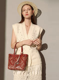 Summer Handmade Leather Tote Bag, Hollow Carved Basket Shoulder Bag, Designer Cowhide Handbag for Wome