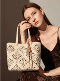 Summer Handmade Leather Tote Bag, Hollow Carved Basket Shoulder Bag, Designer Cowhide Handbag for Wome