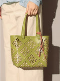 Summer Handmade Leather Tote Bag, Hollow Carved Basket Shoulder Bag, Designer Cowhide Handbag for Wome