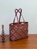 Summer Handmade Leather Tote Bag, Hollow Carved Basket Shoulder Bag, Designer Cowhide Handbag for Wome
