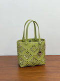 Summer Handmade Leather Tote Bag, Hollow Carved Basket Shoulder Bag, Designer Cowhide Handbag for Wome