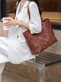 Summer Handmade Leather Tote Bag, Hollow Carved Basket Shoulder Bag, Designer Cowhide Handbag for Wome
