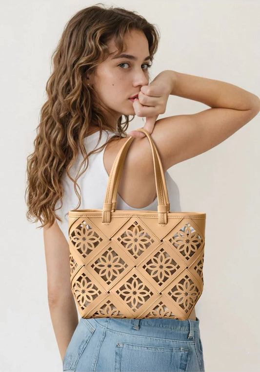 Summer Handmade Leather Tote Bag, Hollow Carved Basket Shoulder Bag, Designer Cowhide Handbag for Wome