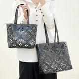 Summer Handmade Leather Tote Bag, Hollow Carved Basket Shoulder Bag, Designer Cowhide Handbag for Wome