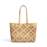 Summer Handmade Leather Tote Bag, Hollow Carved Basket Shoulder Bag, Designer Cowhide Handbag for Wome