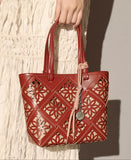 Summer Handmade Leather Tote Bag, Hollow Carved Basket Shoulder Bag, Designer Cowhide Handbag for Wome