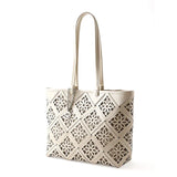 Summer Handmade Leather Tote Bag, Hollow Carved Basket Shoulder Bag, Designer Cowhide Handbag for Wome