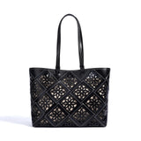 Summer Handmade Leather Tote Bag, Hollow Carved Basket Shoulder Bag, Designer Cowhide Handbag for Wome