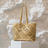 Summer Handmade Leather Tote Bag, Hollow Carved Basket Shoulder Bag, Designer Cowhide Handbag for Wome