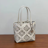 Summer Handmade Leather Tote Bag, Hollow Carved Basket Shoulder Bag, Designer Cowhide Handbag for Wome