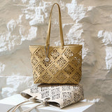 Summer Handmade Leather Tote Bag, Hollow Carved Basket Shoulder Bag, Designer Cowhide Handbag for Wome