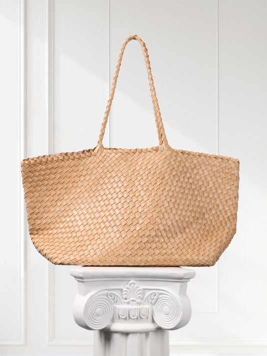 Summer Handwoven Cowhide Leather Tote Bag, Large Soft Slouchy Shoulder Bag, Lightweight Travel & Commuter Fashion Shopper Bag For Women