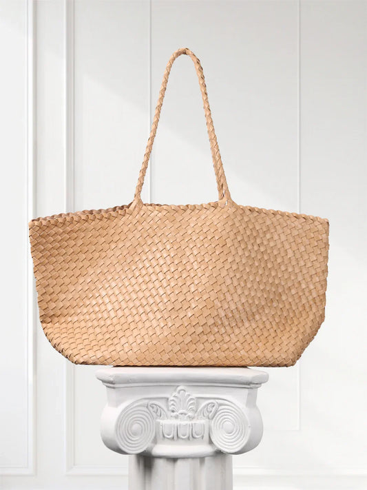 Summer Handwoven Cowhide Leather Tote Bag, Large Soft Slouchy Shoulder Bag, Lightweight Travel & Commuter Fashion Shopper Bag For Women