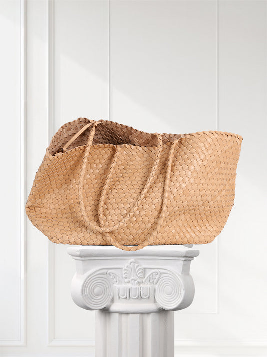 Summer Handwoven Cowhide Leather Tote Bag, Large Soft Slouchy Shoulder Bag, Lightweight Travel & Commuter Fashion Shopper Bag For Women