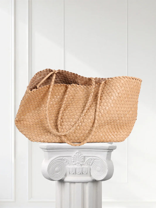 Summer Handwoven Cowhide Leather Tote Bag, Large Soft Slouchy Shoulder Bag, Lightweight Travel & Commuter Fashion Shopper Bag For Women