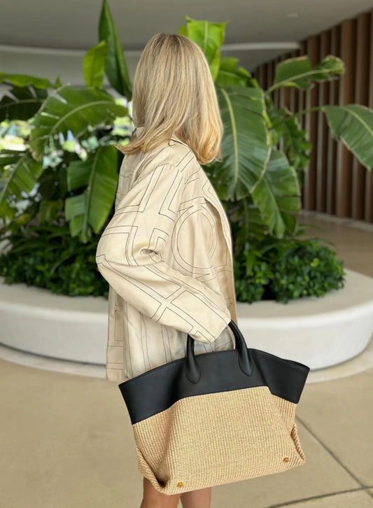 Summer Raffia Woven Tote Bag with Calf Leather Trim, Large Beach Bag, Vacation & Everyday Handbag