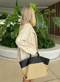 Summer Raffia Woven Tote Bag with Calf Leather Trim, Large Beach Bag, Vacation & Everyday Handbag
