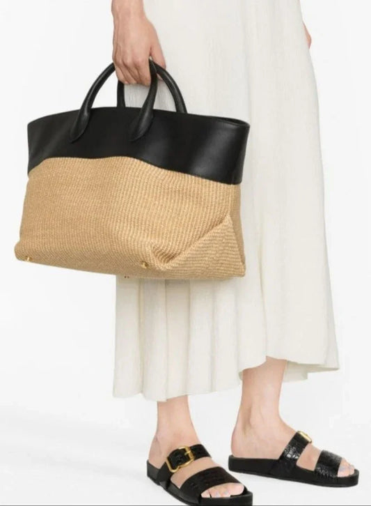 Summer Raffia Woven Tote Bag with Calf Leather Trim, Large Beach Bag, Vacation & Everyday Handbag
