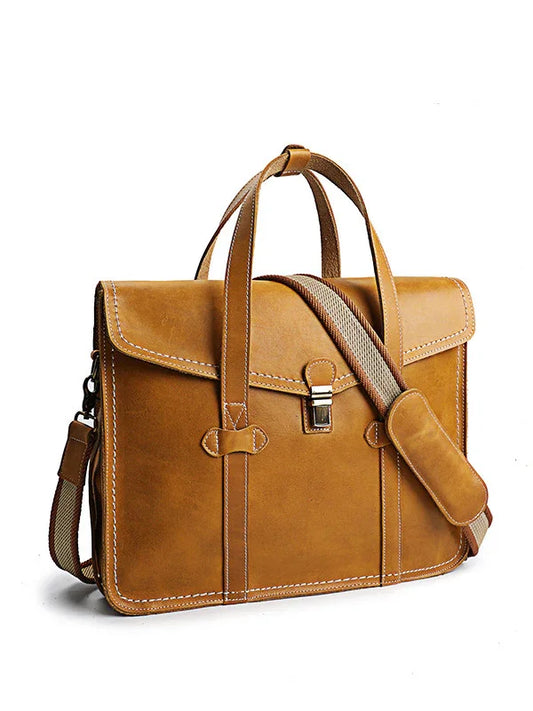 Vegetable-Tanned Full Grain Leather Briefcase – 15" Laptop Bag | Handcrafted Flap-Over Work Bag with Crossbody Strap