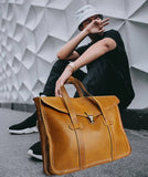 Vegetable-Tanned Full Grain Leather Briefcase – 15" Laptop Bag | Handcrafted Flap-Over Work Bag with Crossbody Strap