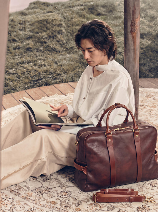 Vegetable Tanned Italian Full Grain Leather Travel Bag | Handcrafted Vintage Minimalist Business Duffel & Shoulder Bag