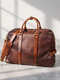 Vegetable Tanned Italian Full Grain Leather Travel Bag | Handcrafted Vintage Minimalist Business Duffel & Shoulder Bag