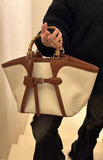 Vintage Bamboo Handle Genuine Leather Bucket Bag, Large Basket-style Commuter Tote Bag