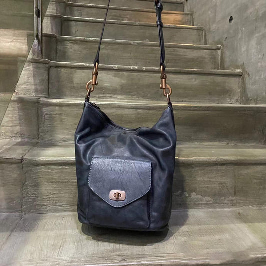 Vintage Full Grain Leather Hobo Shoulder Bag | Handcrafted Cowhide Leather Bucket Bag