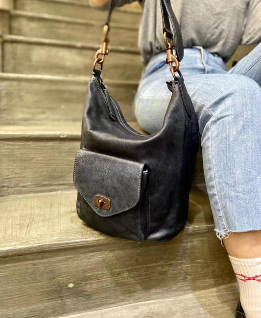 Vintage Full Grain Leather Hobo Shoulder Bag | Handcrafted Cowhide Leather Bucket Bag