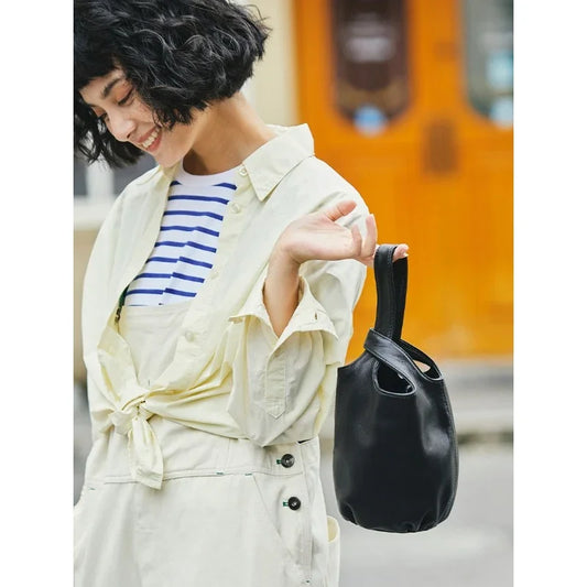 Vintage Leather Knot-Handle Bucket Bag | Handmade Soft Cowhide Mini Handbag