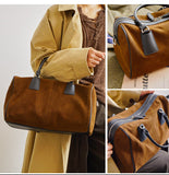 Vintage Suede Boston Bag for Women | Maillard-Tone Pillow Handbag with Detachable Strap | Niche Handcrafted Commuter Crossbody Bag