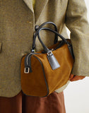 Vintage Suede Boston Bag for Women | Maillard-Tone Pillow Handbag with Detachable Strap | Niche Handcrafted Commuter Crossbody Bag