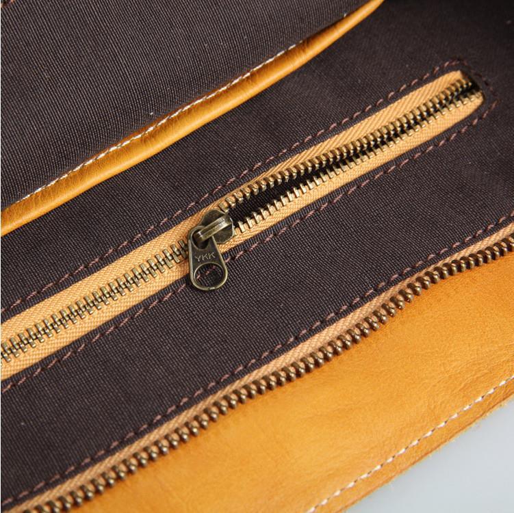 Close-up of brown full-grain leather tote bag interior with sturdy YKK zipper pocket