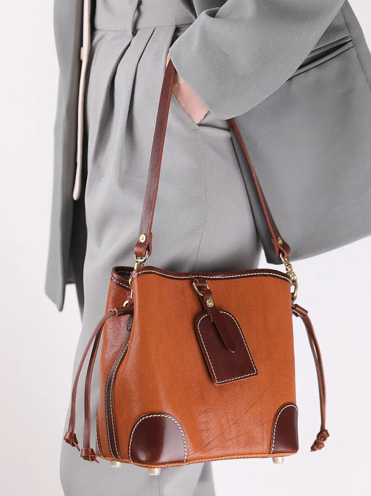 Women's Full-Grain Leather Bucket Bag | Handcrafted Top-Handle Drawstring Shoulder Tote