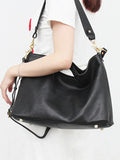 Women's Full Grain Leather Slouchy Tote Bag - Handmade Black Hobo Shoulder & Crossbody with Pouch
