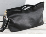 Women's Full Grain Leather Slouchy Tote Bag - Handmade Black Hobo Shoulder & Crossbody with Pouch