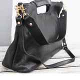 Women's Full Grain Leather Slouchy Tote Bag - Handmade Black Hobo Shoulder & Crossbody with Pouch