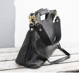 Women's Full Grain Leather Slouchy Tote Bag - Handmade Black Hobo Shoulder & Crossbody with Pouch