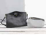 Women's Full Grain Leather Slouchy Tote Bag - Handmade Black Hobo Shoulder & Crossbody with Pouch