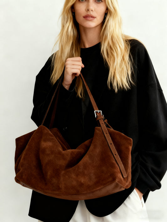 Women’s Soft Suede Leather Crossbody Bag, Large Bowling Bag, Slouchy Boho Tote for Everyday Use