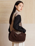 Women’s Soft Suede Leather Crossbody Bag, Large Bowling Bag, Slouchy Boho Tote for Everyday Use