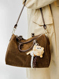 Women's Suede Leather Boston Bag | Large Shoulder & Crossbody Handbag for Fall/Winter | Vintage Commuter Bag