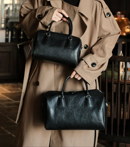 Women's Vegetable-Tanned Cowhide Leather Boston Bag | Vintage Pillow Tote | Top Handle Shoulder Crossbody Handbag in Two Sizes
