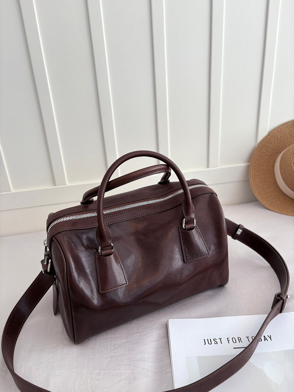 Women's Vegetable-Tanned Cowhide Leather Boston Bag | Vintage Pillow Tote | Top Handle Shoulder Crossbody Handbag in Two Sizes