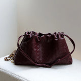 Women's Woven Lambskin Leather Cloud Bag | Drawstring Shoulder Bag with Gold Chain | Luxury Intrecciato Leather Crossbody Handbag